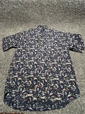 Enro Men's Fishing Lure Print 100% Cotton Short Sleeve Button-Up Shirt L Navy